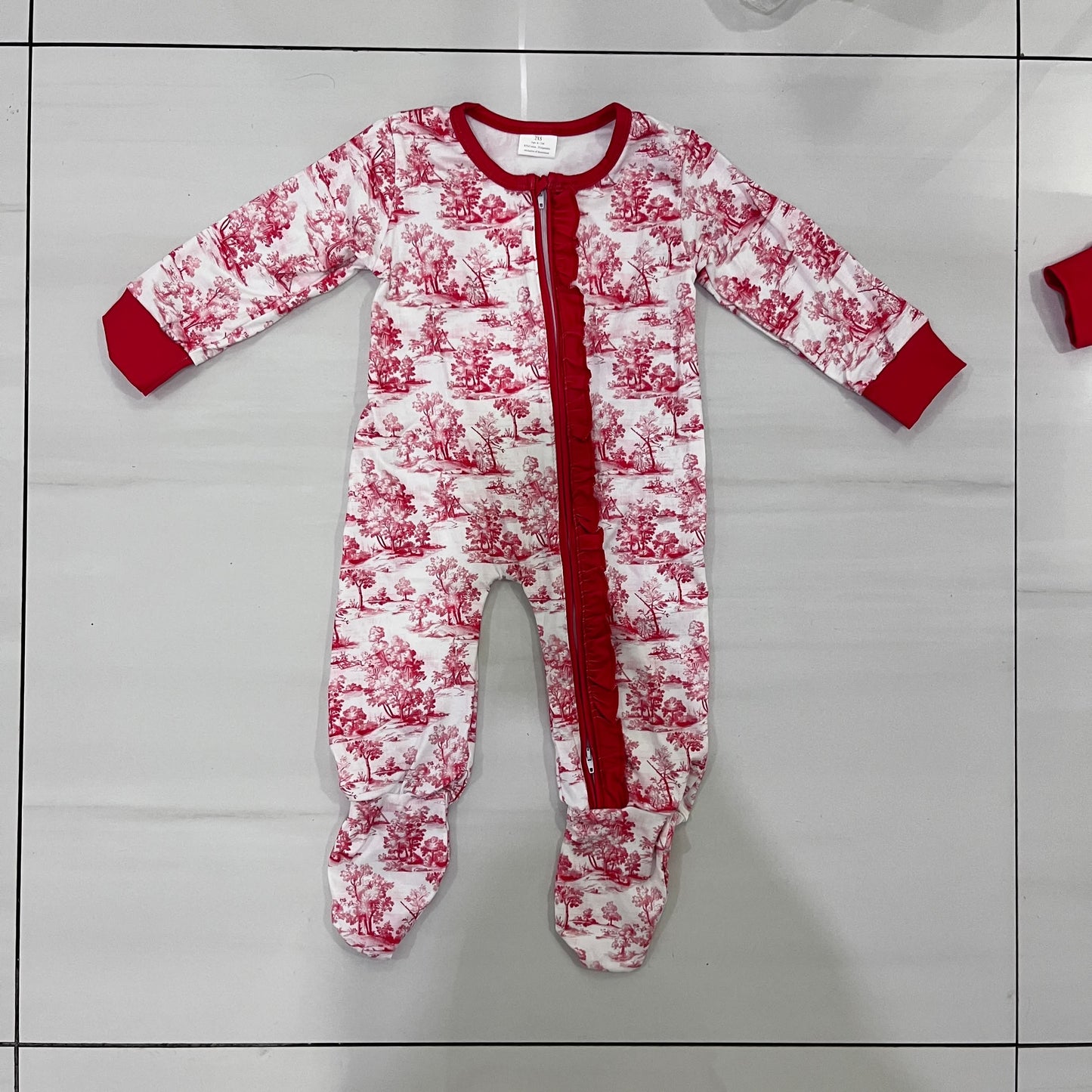 PREORDER Red Toile Christmas Frill Baby Grow