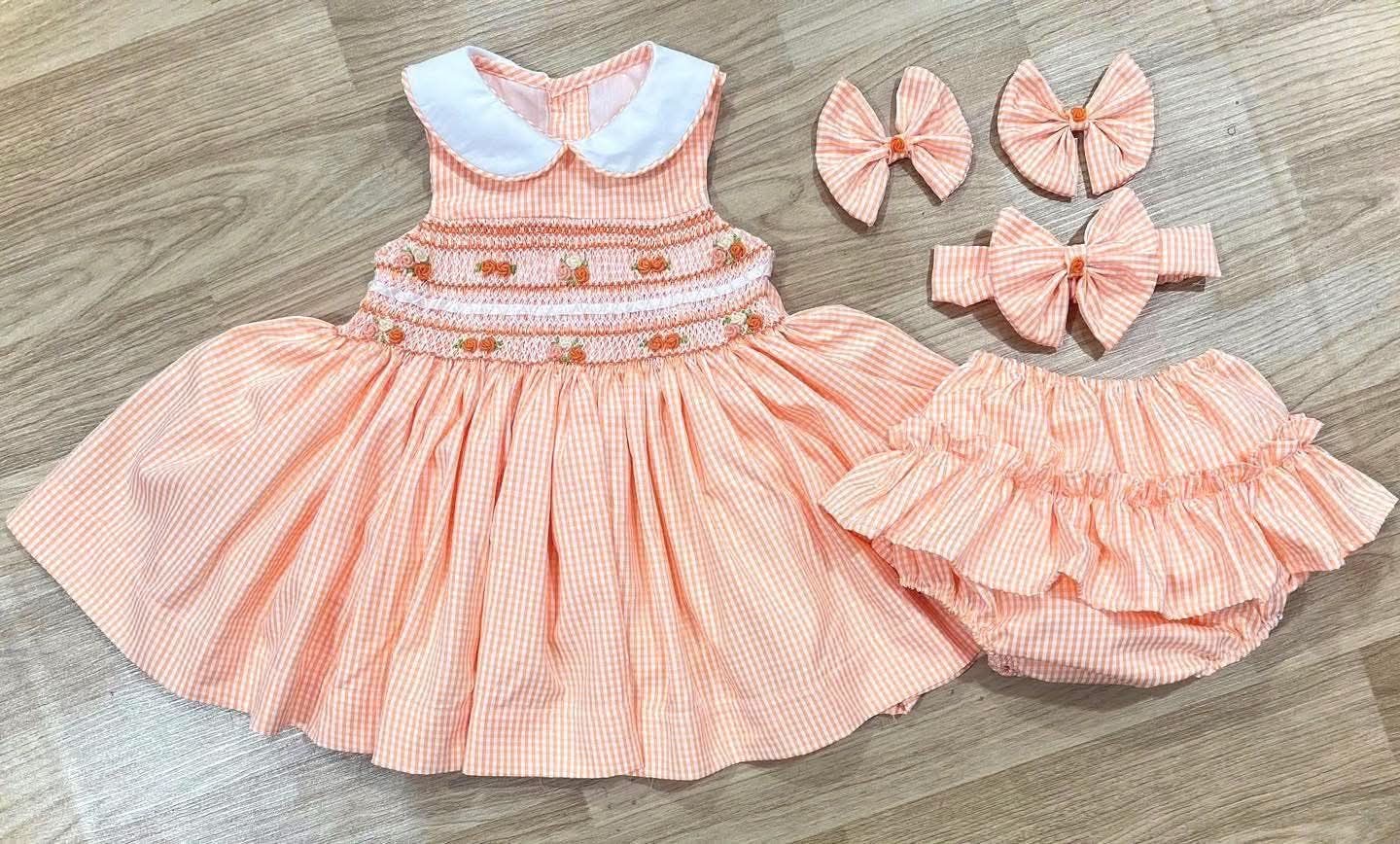PREORDER Girls Peach Gingham Smock Dress