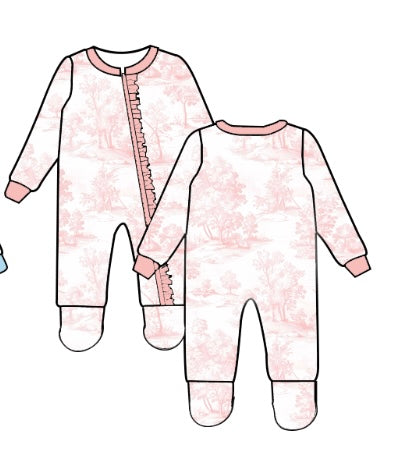 Pink Toile Frill Baby Grow
