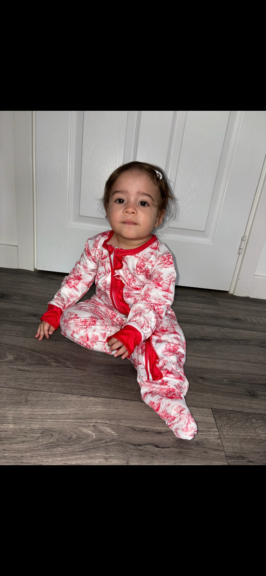 PREORDER Red Toile Christmas Frill Baby Grow