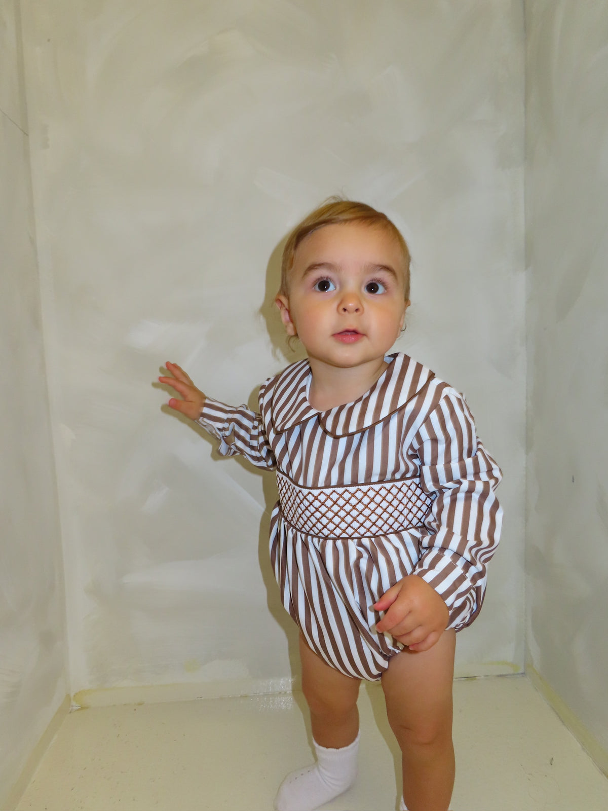 Brown Striped Smock Romper