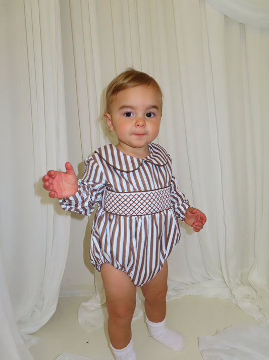 Brown Striped Smock Romper