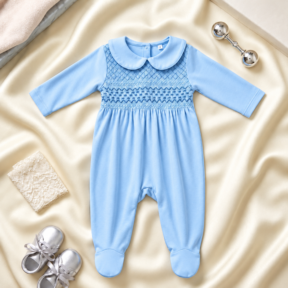 Blue boys smocked baby grow