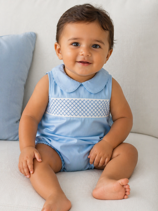 Blue and White Smocked Romper