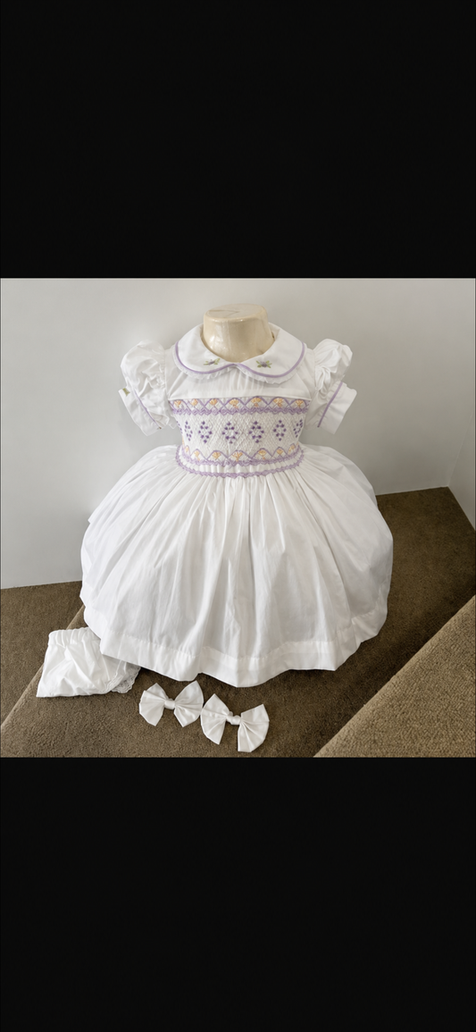 PREORDER- White and Lilac Smock Dress