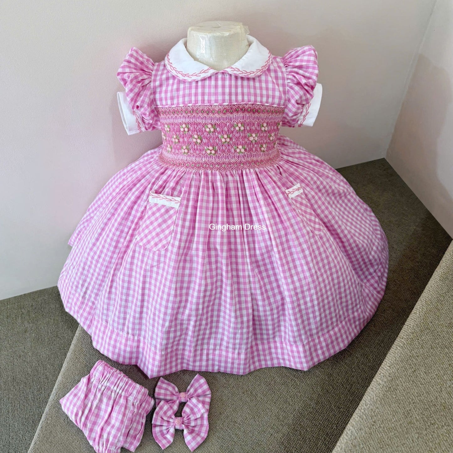 Girls Pink Gingham Smock Dress
